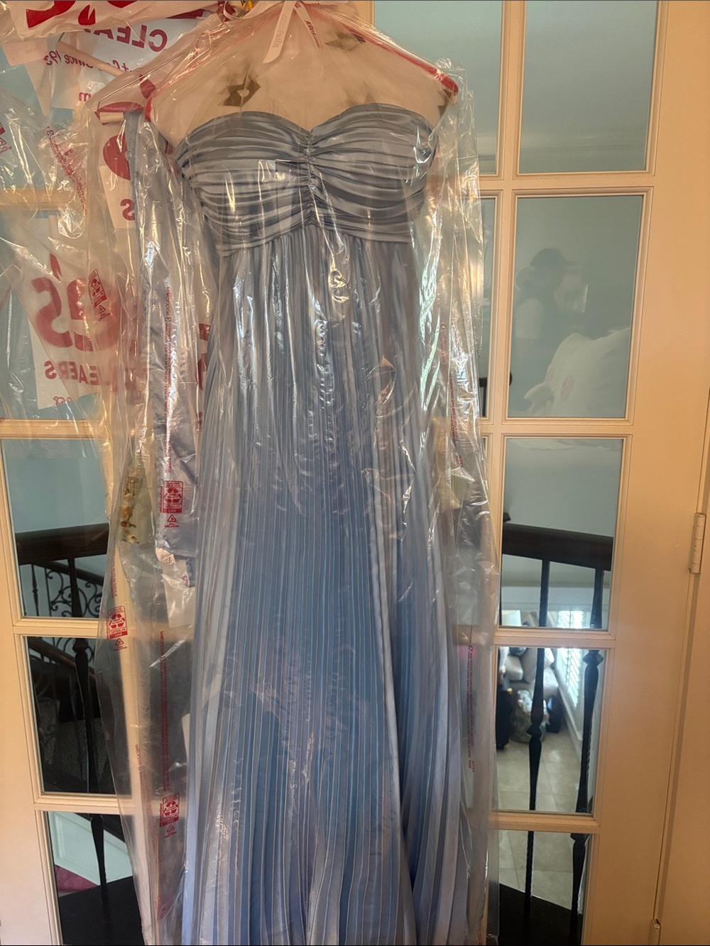 Light Blue Strapless Pleated Evening Gown